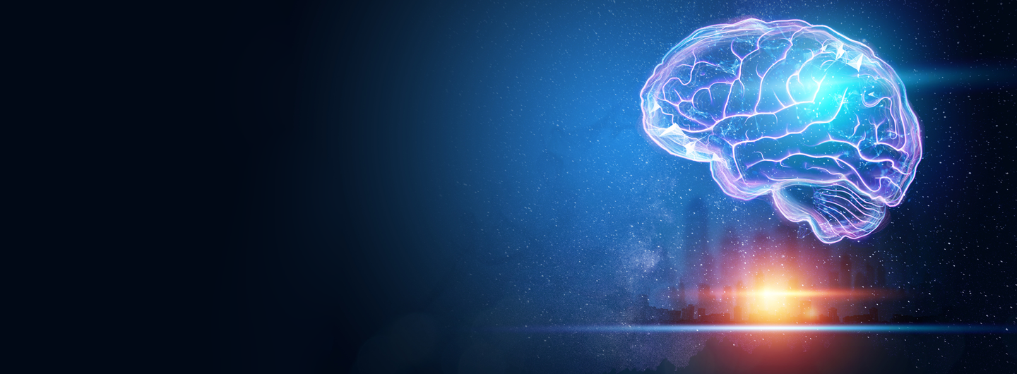 A futuristic brain floats above a cityscape