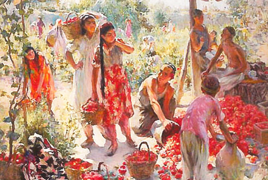 painting of women, children and men picking tomatoes