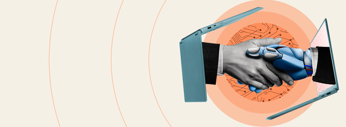 Graphic of two arms coming out of laptops, one human and one artificial