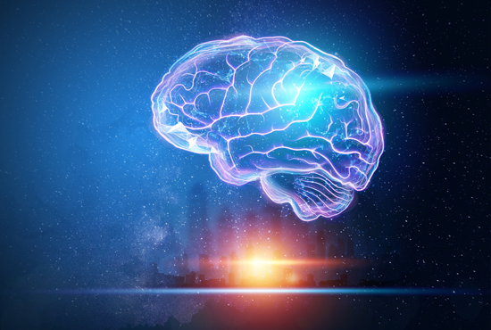 Graphic of a brain floating above a cityscape